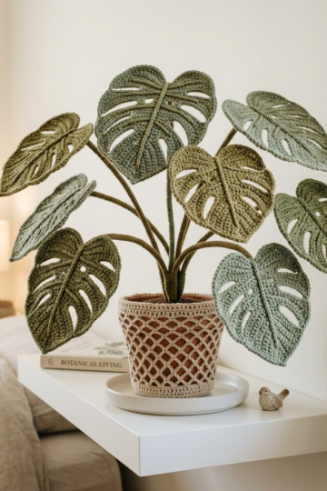 Boho Monstera Crochet Plant for Bedroom Shelf Decor