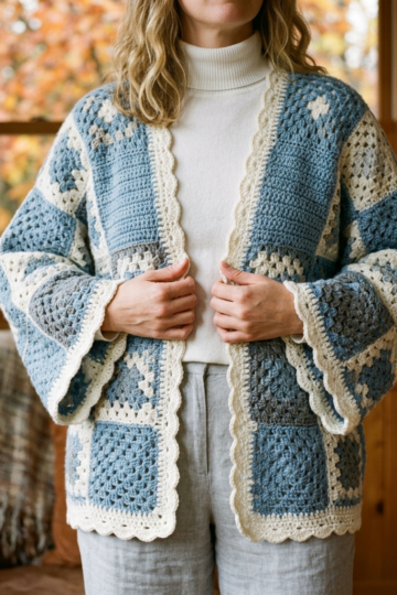 Coastal Blue Granny Square Patchwork Cardigan Free Pattern