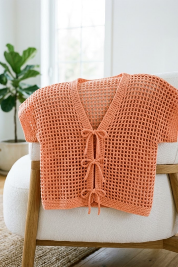 Coral Peach Tie Front Crochet Cardigan Free Pattern