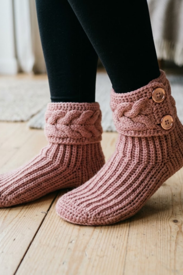 Dusty Rose Cable Cuff Slipper Boots Free Crochet Pattern