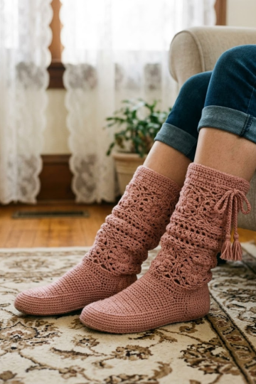 Dusty Rose Floral Crochet Summer Boots Free Pattern