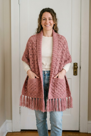 Dusty Rose Fringed Pocket Wrap Free Crochet Pattern