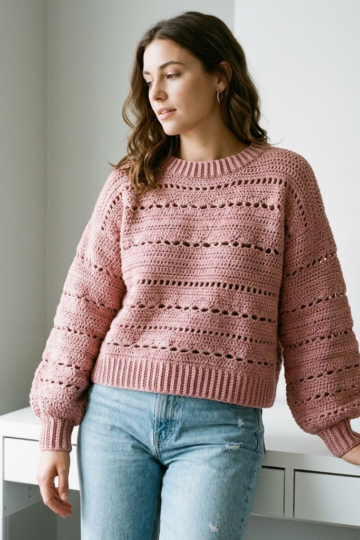 Dusty Rose Lace Panel Crochet Sweater Free Pattern