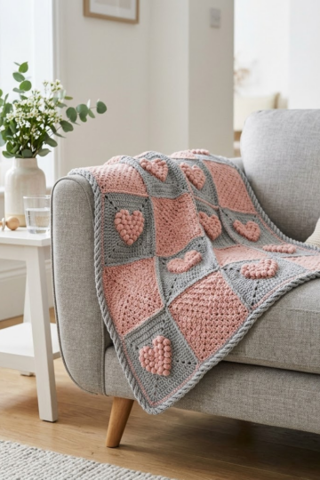 Gray and Pink Heart Granny Square Blanket Free Crochet Pattern