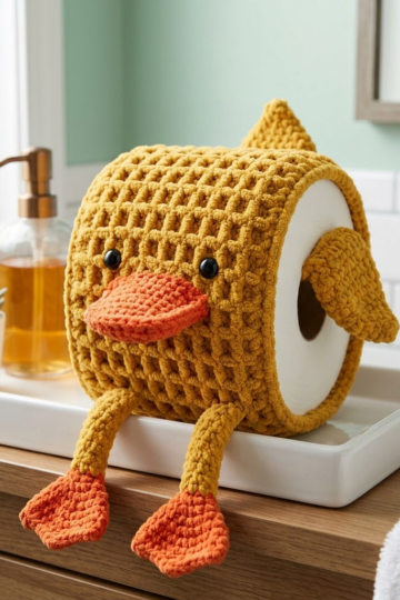 Mustard Yellow Duck Toilet Paper Cozy Free Crochet Pattern