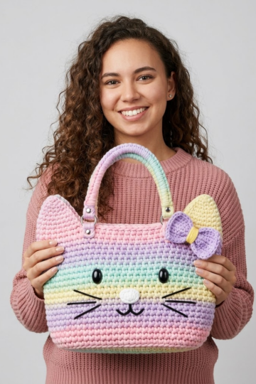 Pastel Rainbow Kitty Tote Bag Free Crochet Pattern
