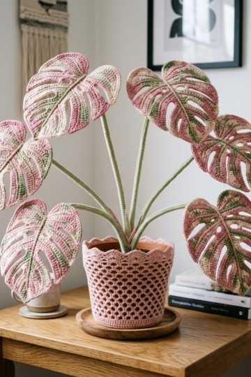 Pink Variegated Monstera Crochet Plant Free Pattern