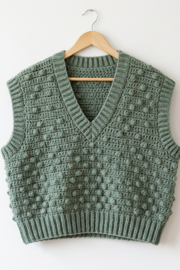 Sage Green Bobble Stitch Sweater Vest Free Crochet Pattern