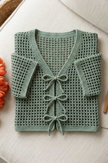Sage Green Mesh Tie Cardigan Free Crochet Pattern