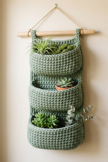 Sage Green Tiered Wall Planter Free Crochet Pattern