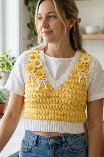 Sunshine Daisy Bow Crochet Vest Free Crochet Pattern