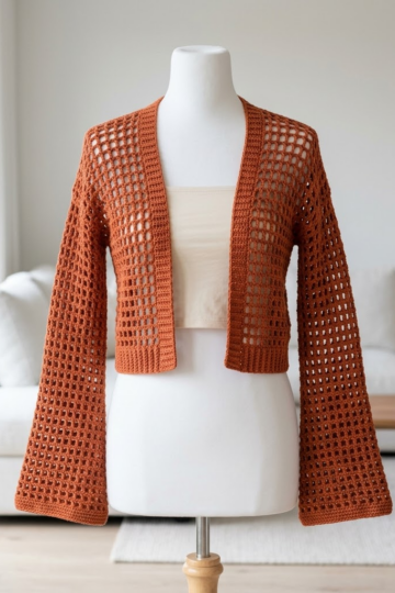 Terracotta Mesh Crochet Flared Sleeve Shrug Pattern