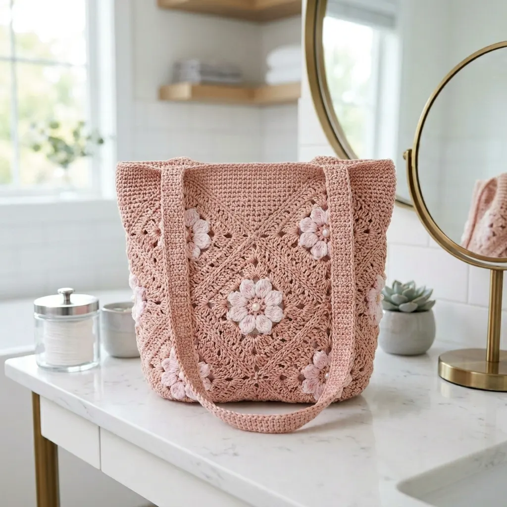 Blush Pink Cherry Blossom Granny Bag Free Pattern