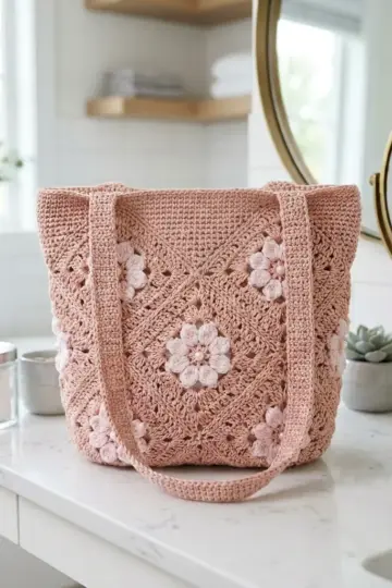 Blush Pink Cherry Blossom Granny Bag Free Pattern