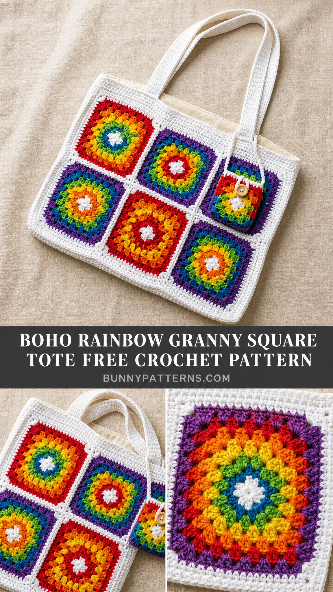 Boho Rainbow Granny Square Tote Free Crochet Pattern