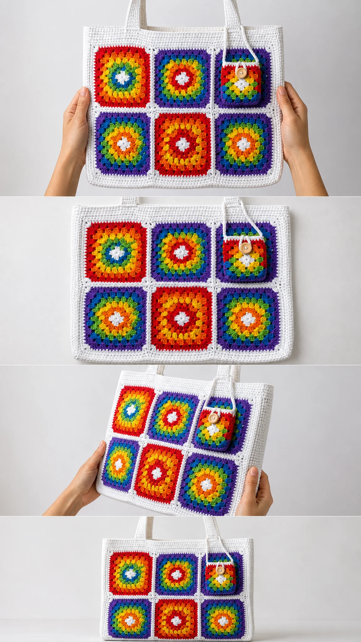 Boho Rainbow Granny Square Tote Free Crochet Pattern