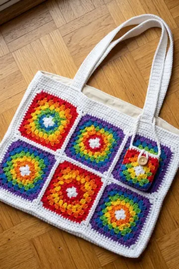 Boho Rainbow Granny Square Tote Free Crochet Pattern