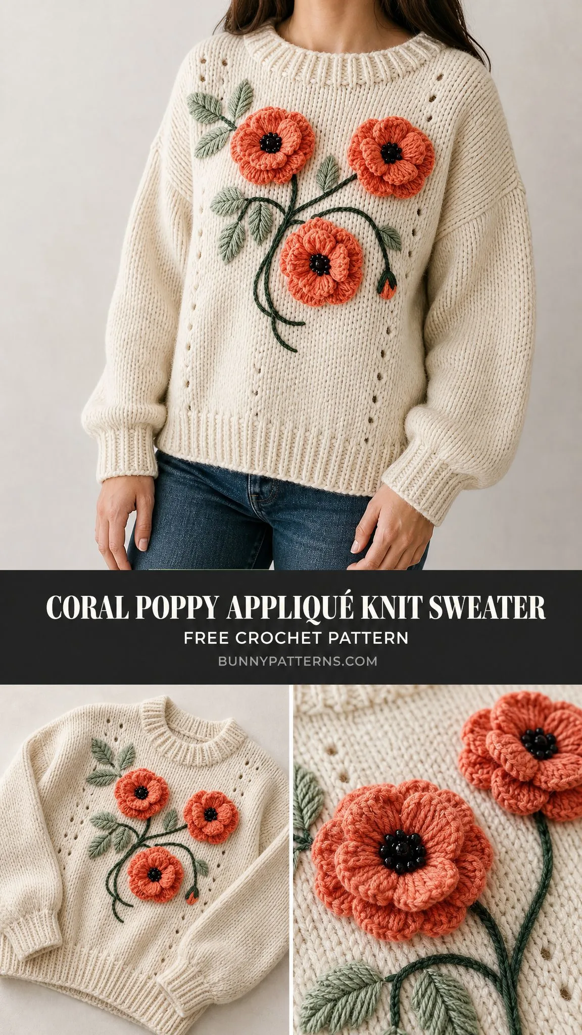 Coral Poppy Appliqué Knit Sweater Free Crochet Pattern