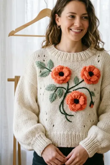 Coral Poppy Appliqué Knit Sweater Free Crochet Pattern