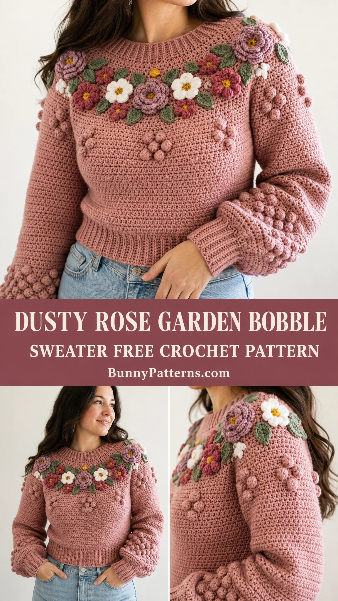 Dusty Rose Garden Bobble Sweater Free Crochet Pattern