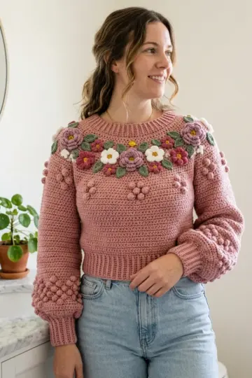 Dusty Rose Garden Bobble Sweater Free Crochet Pattern