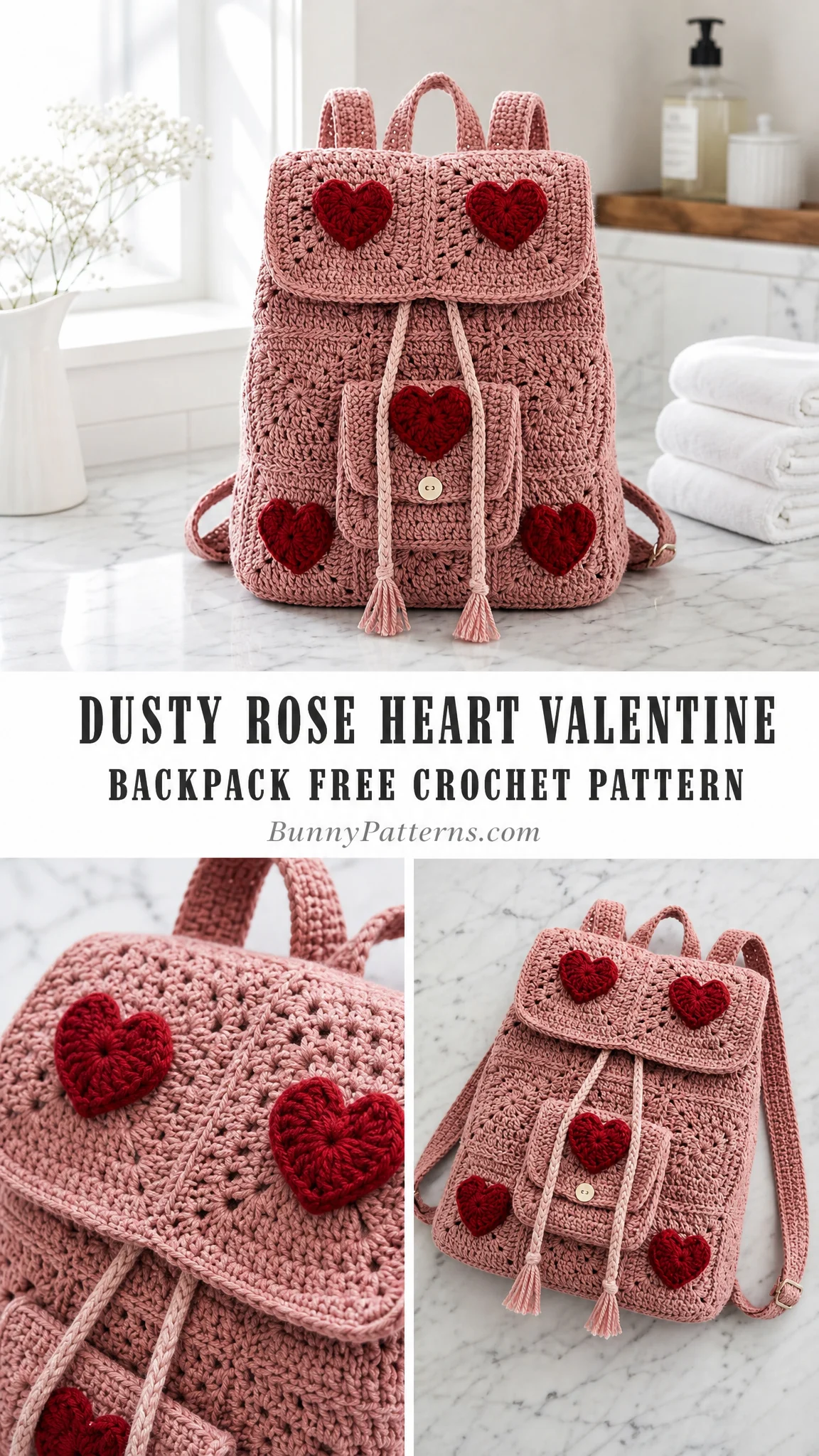 Dusty Rose Heart Valentine Backpack Free Crochet Pattern