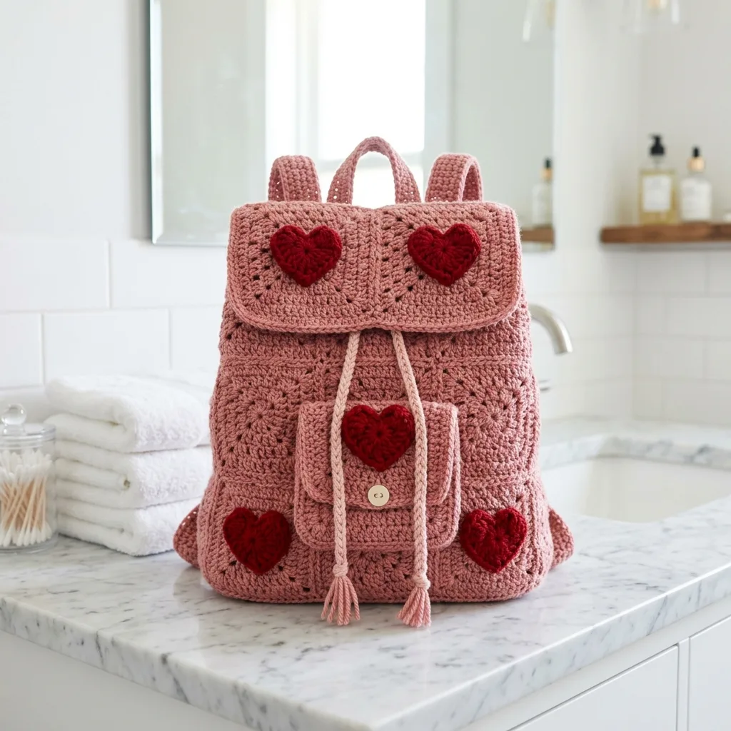 Dusty Rose Heart Valentine Backpack Free Crochet Pattern