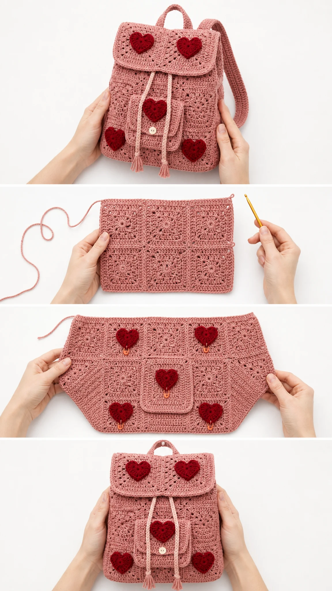 Dusty Rose Heart Valentine Backpack Free Crochet Pattern