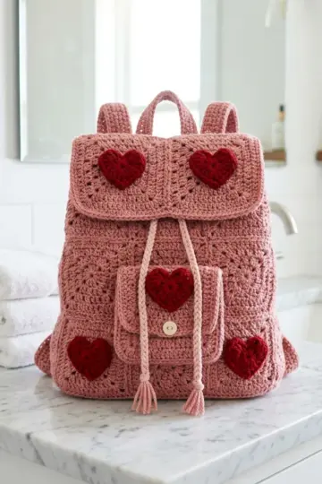 Dusty Rose Heart Valentine Backpack Free Crochet Pattern