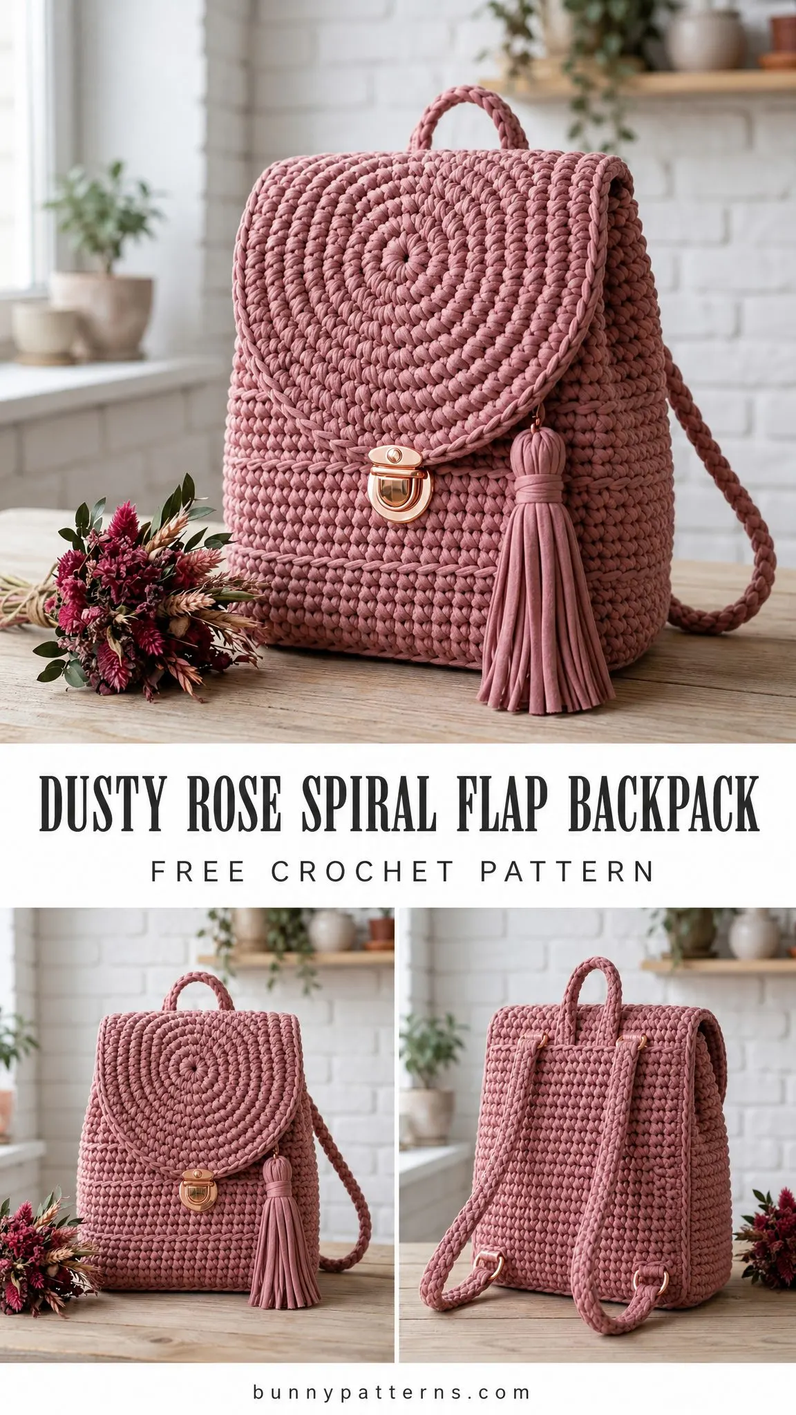 Dusty Rose Spiral Flap Backpack Free Crochet Pattern