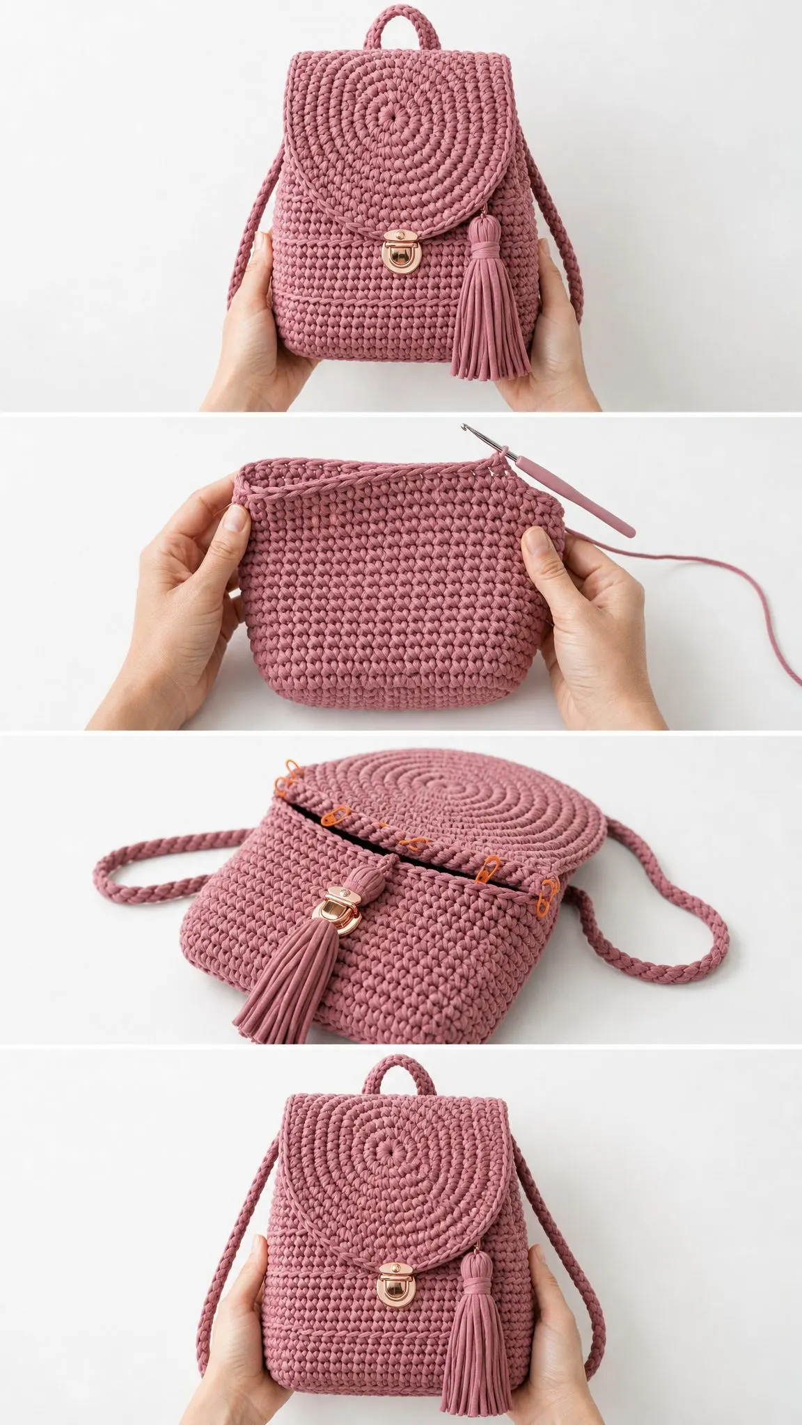 Dusty Rose Spiral Flap Backpack Free Crochet Pattern