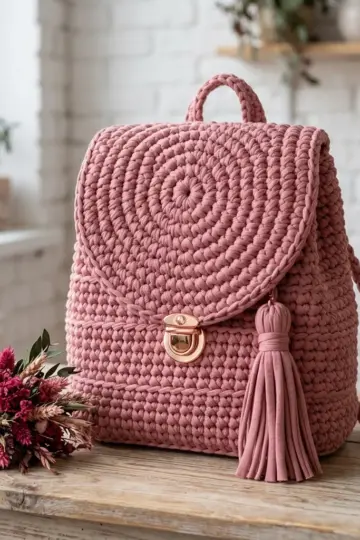 Dusty Rose Spiral Flap Backpack Free Crochet Pattern