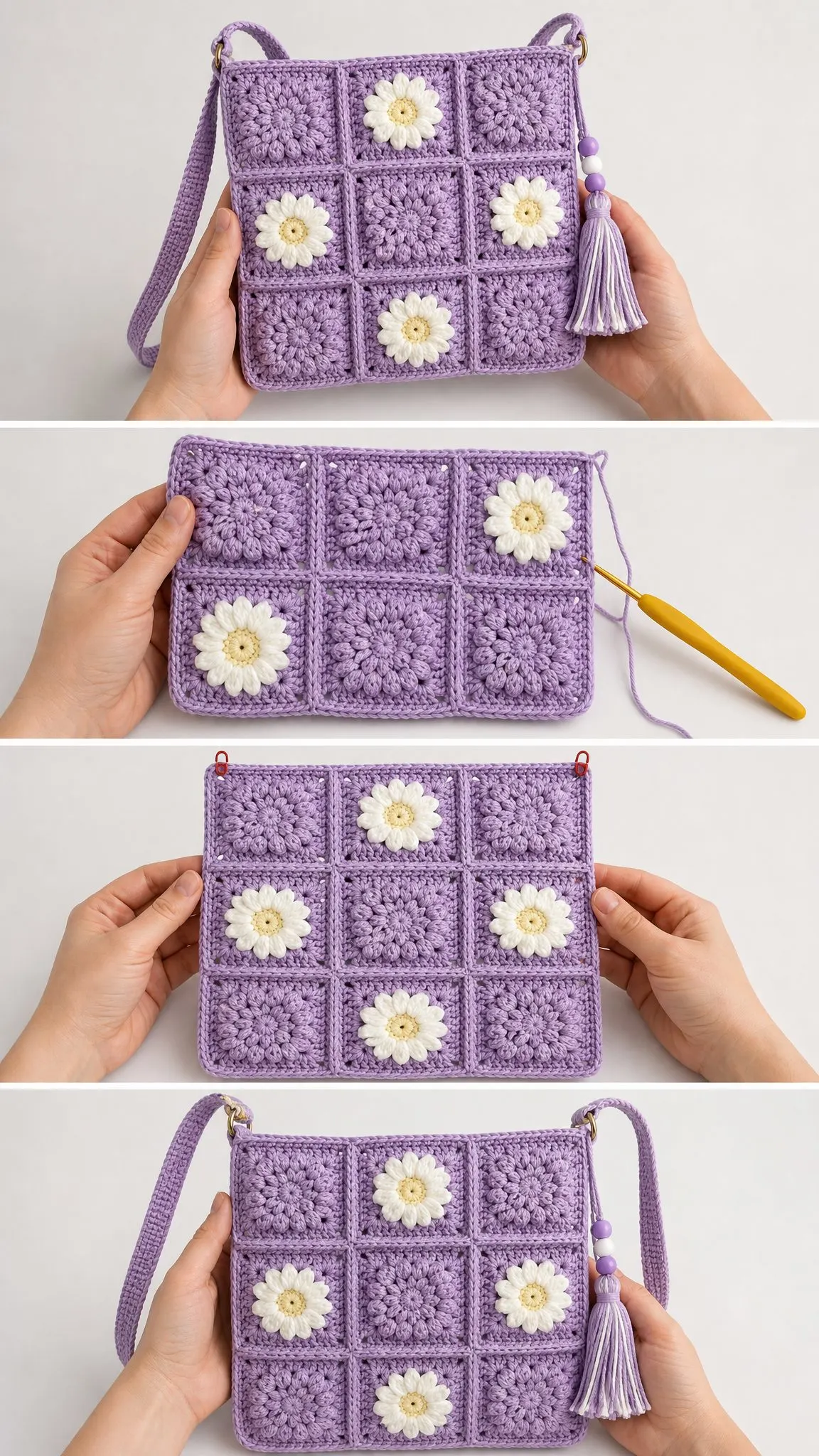 Lavender Daisy Granny Square Bag Free Crochet Pattern