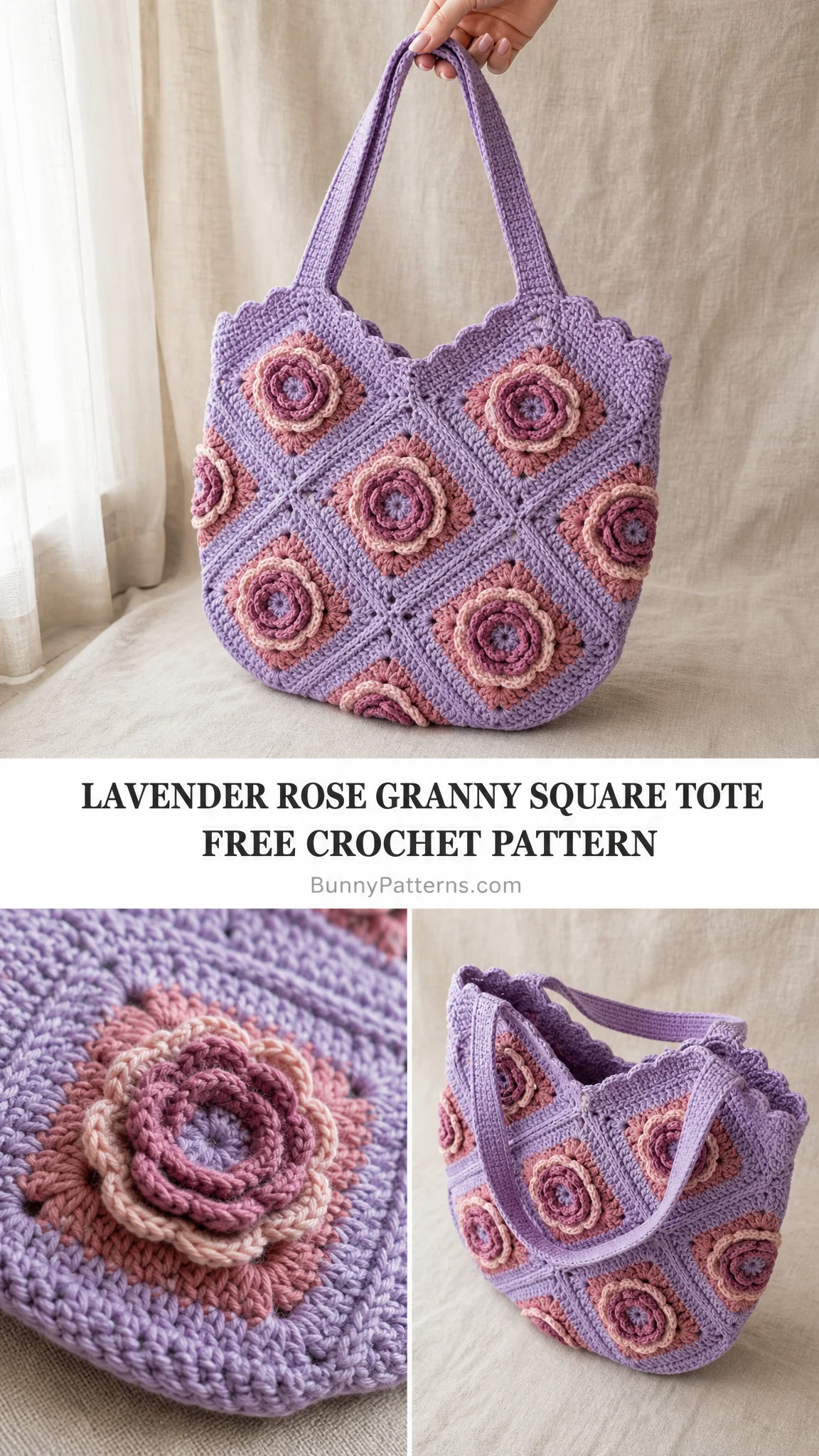 Lavender Rose Granny Square Tote Free Crochet Pattern