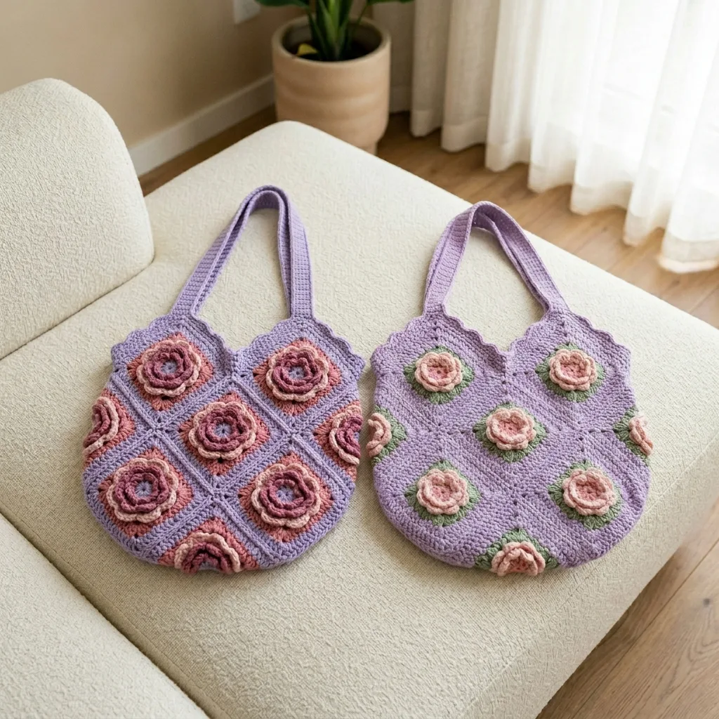 Lavender Rose Granny Square Tote Free Crochet Pattern
