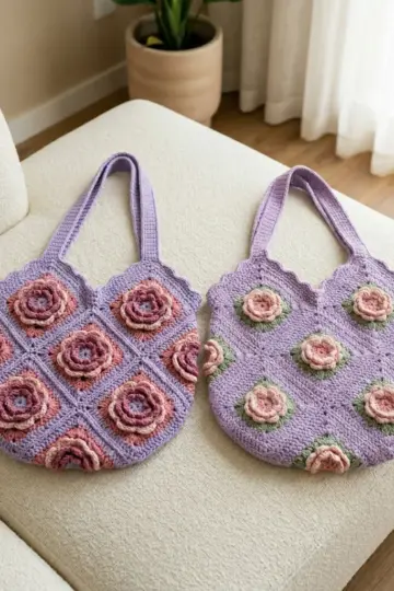 Lavender Rose Granny Square Tote Free Crochet Pattern
