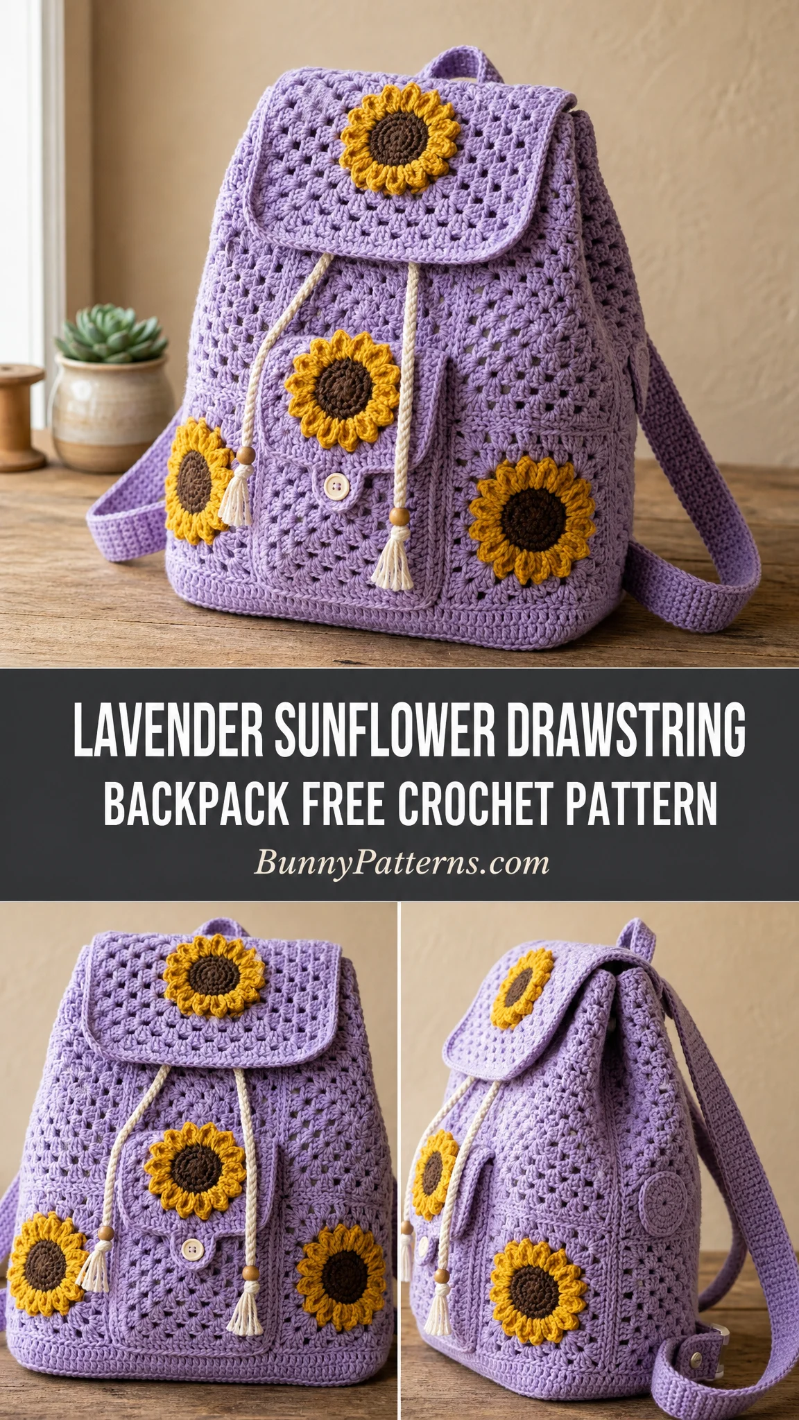 Lavender Sunflower Drawstring Backpack Free Crochet Pattern
