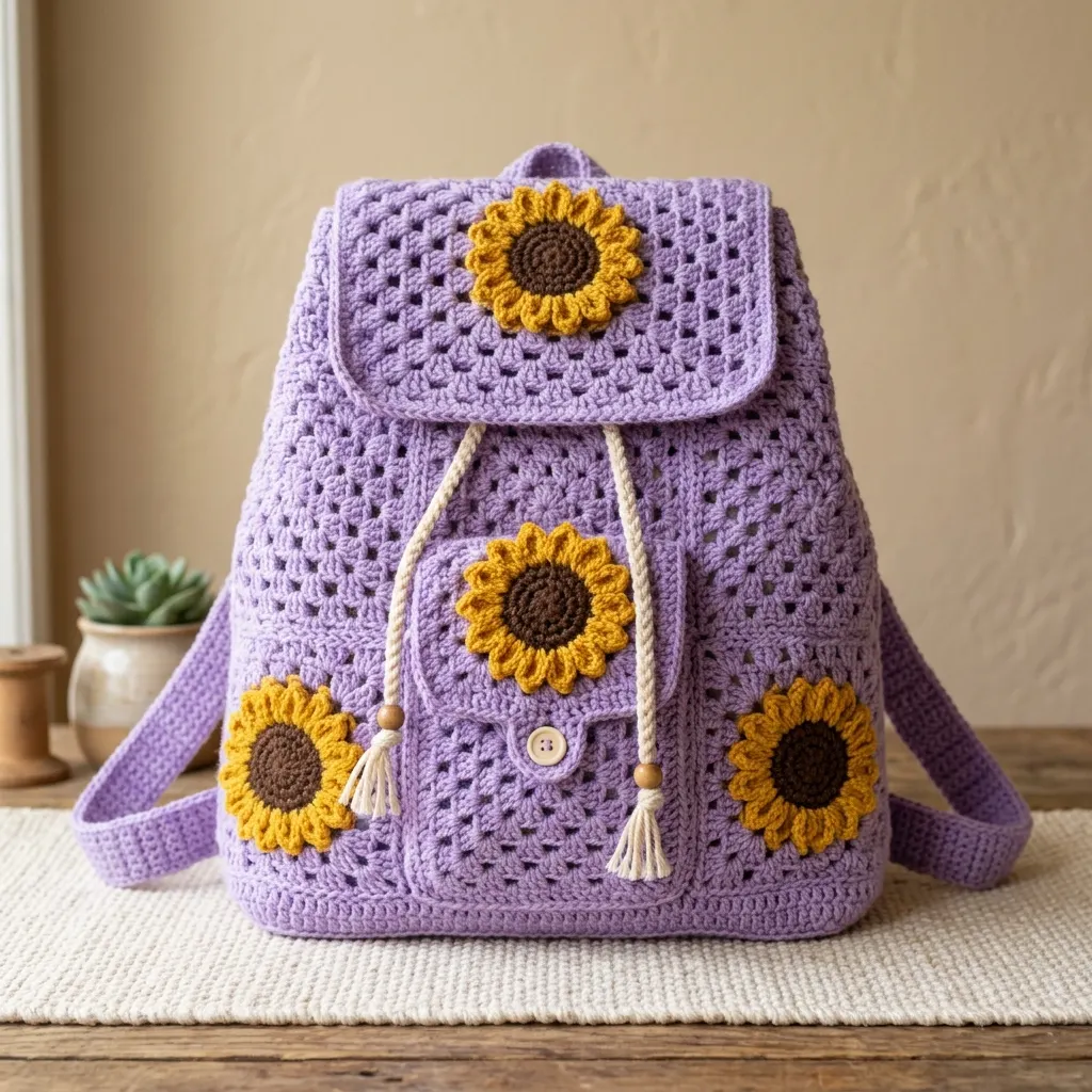 Lavender Sunflower Drawstring Backpack Free Crochet Pattern