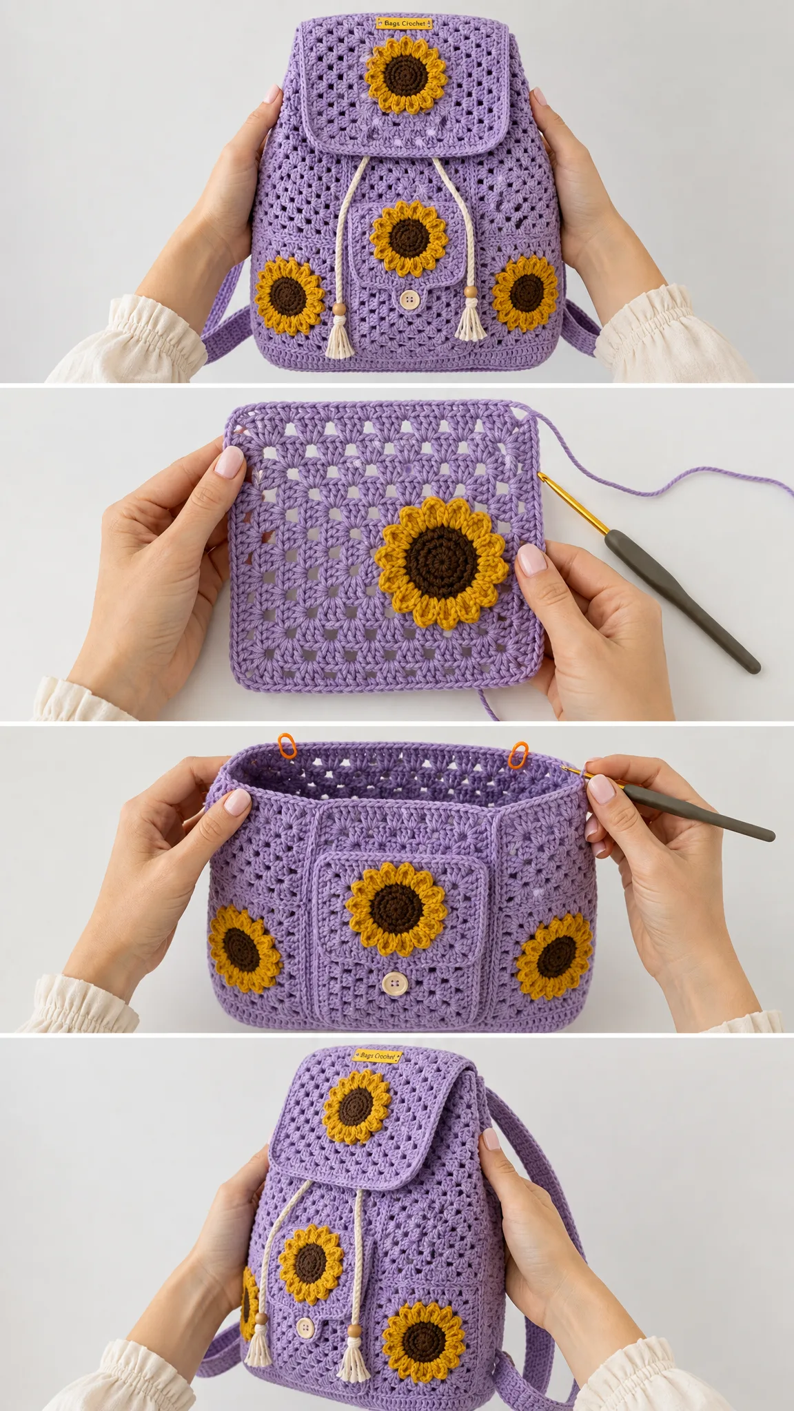 Lavender Sunflower Drawstring Backpack Free Crochet Pattern