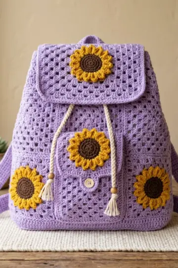 Lavender Sunflower Drawstring Backpack Free Crochet Pattern