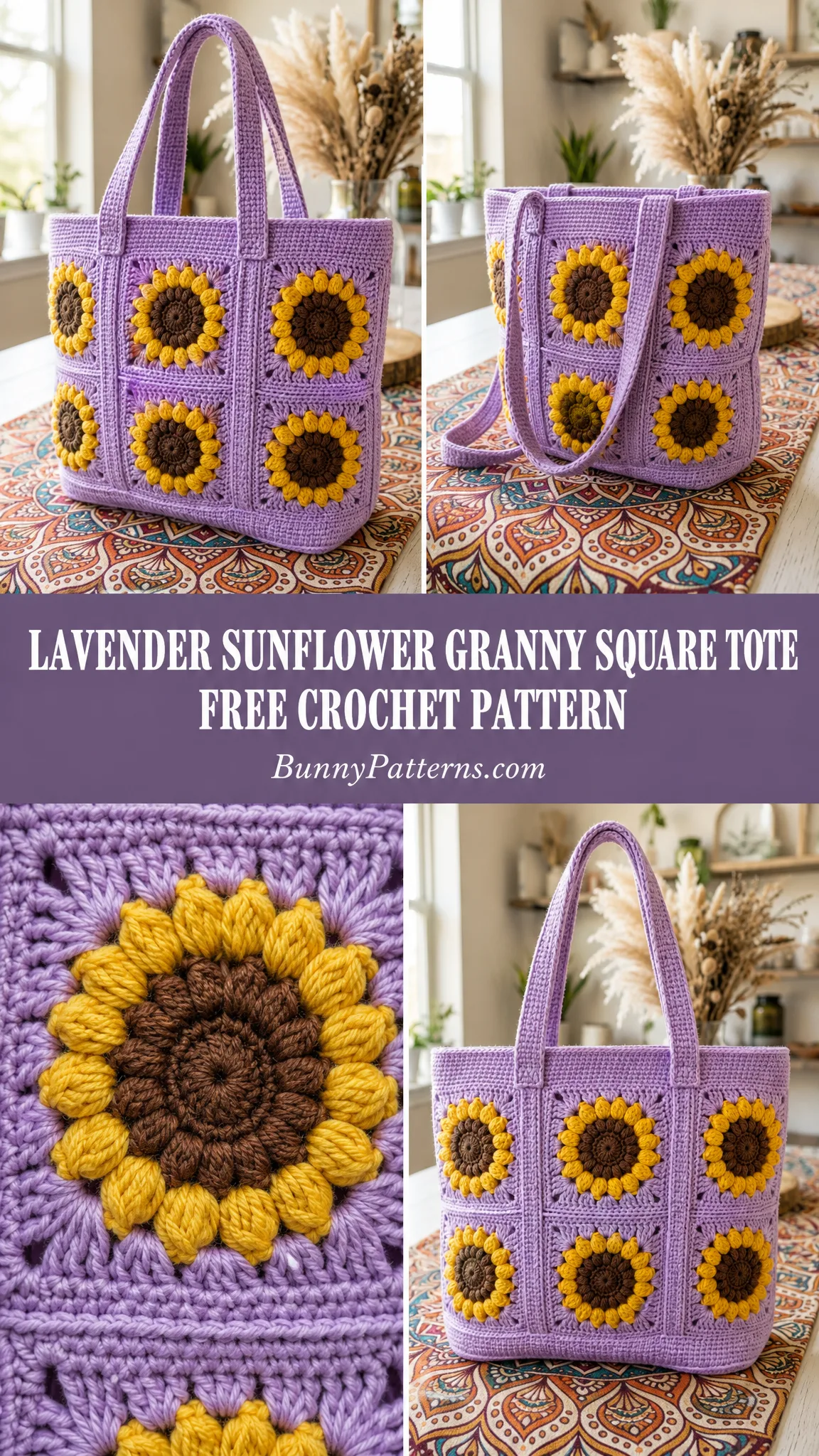 Lavender Sunflower Granny Square Tote Free Crochet Pattern