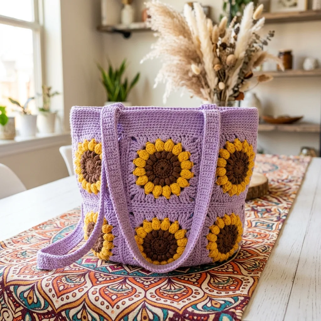Lavender Sunflower Granny Square Tote Free Crochet Pattern