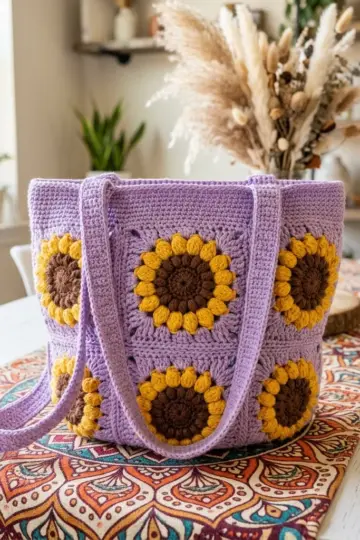 Lavender Sunflower Granny Square Tote Free Crochet Pattern