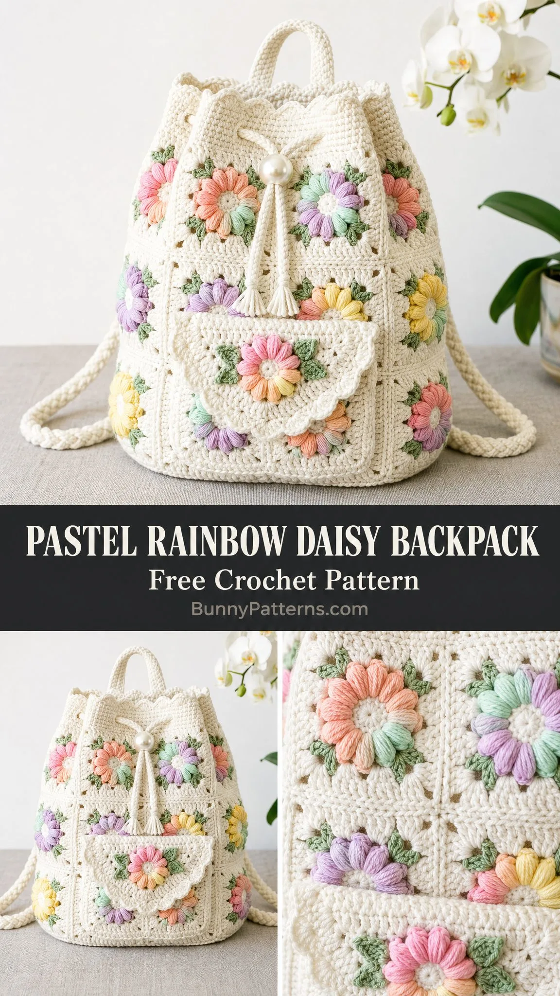 Pastel Rainbow Daisy Backpack Free Crochet Pattern