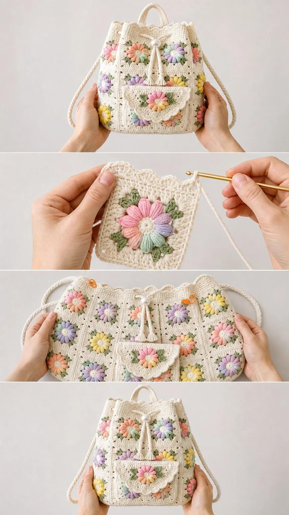 Pastel Rainbow Daisy Backpack Free Crochet Pattern