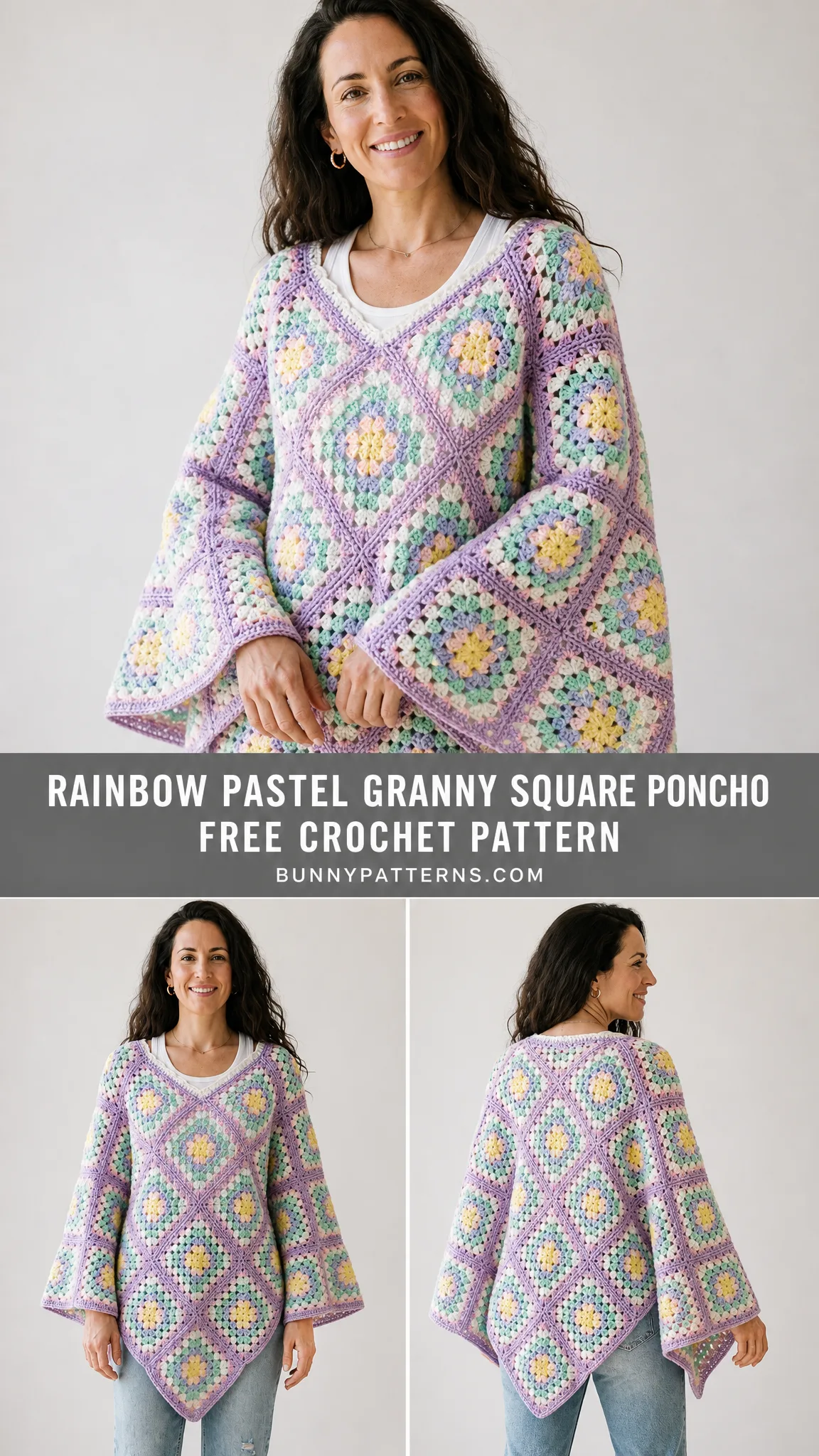 Rainbow Pastel Granny Square Poncho Free Crochet Pattern