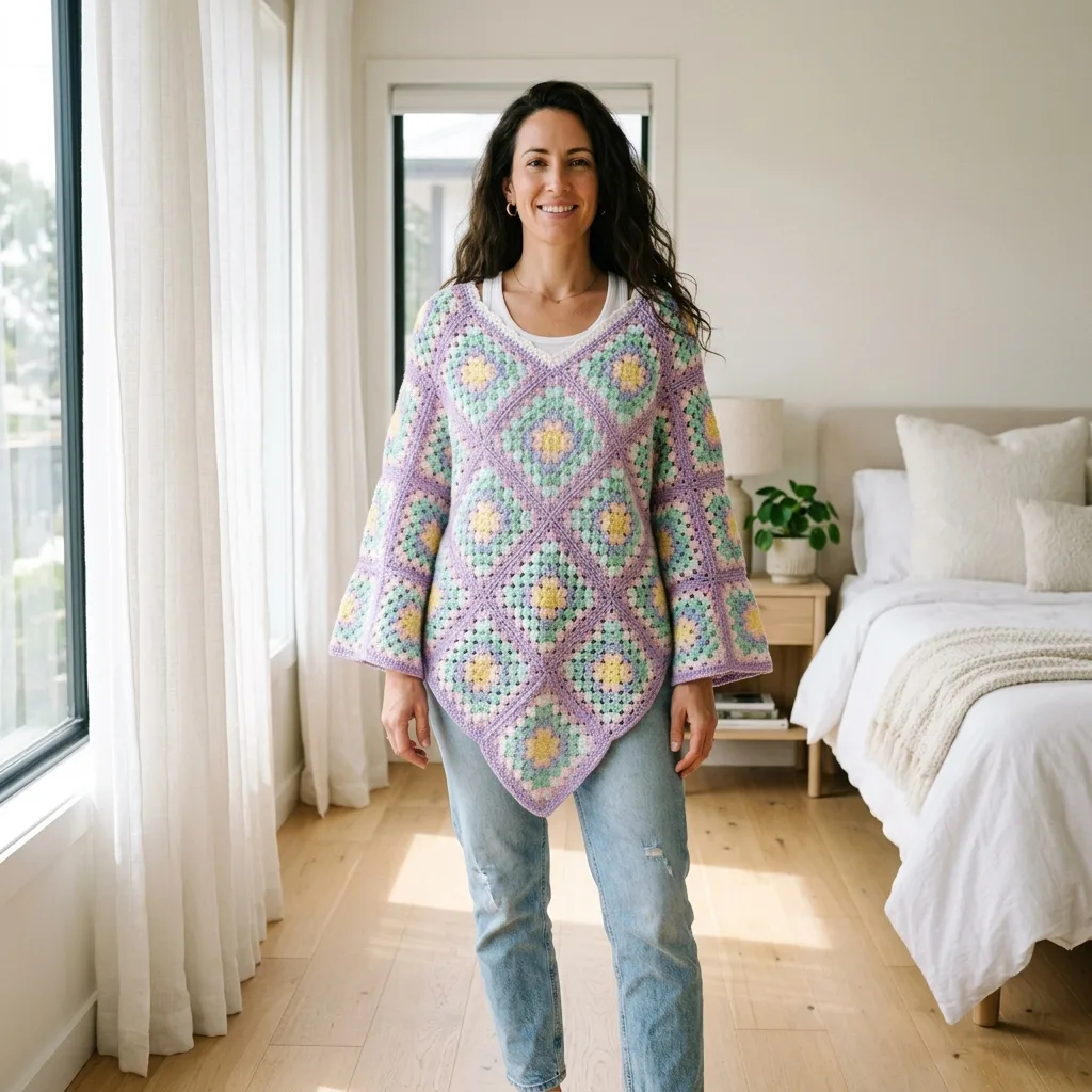 Rainbow Pastel Granny Square Poncho Free Crochet Pattern