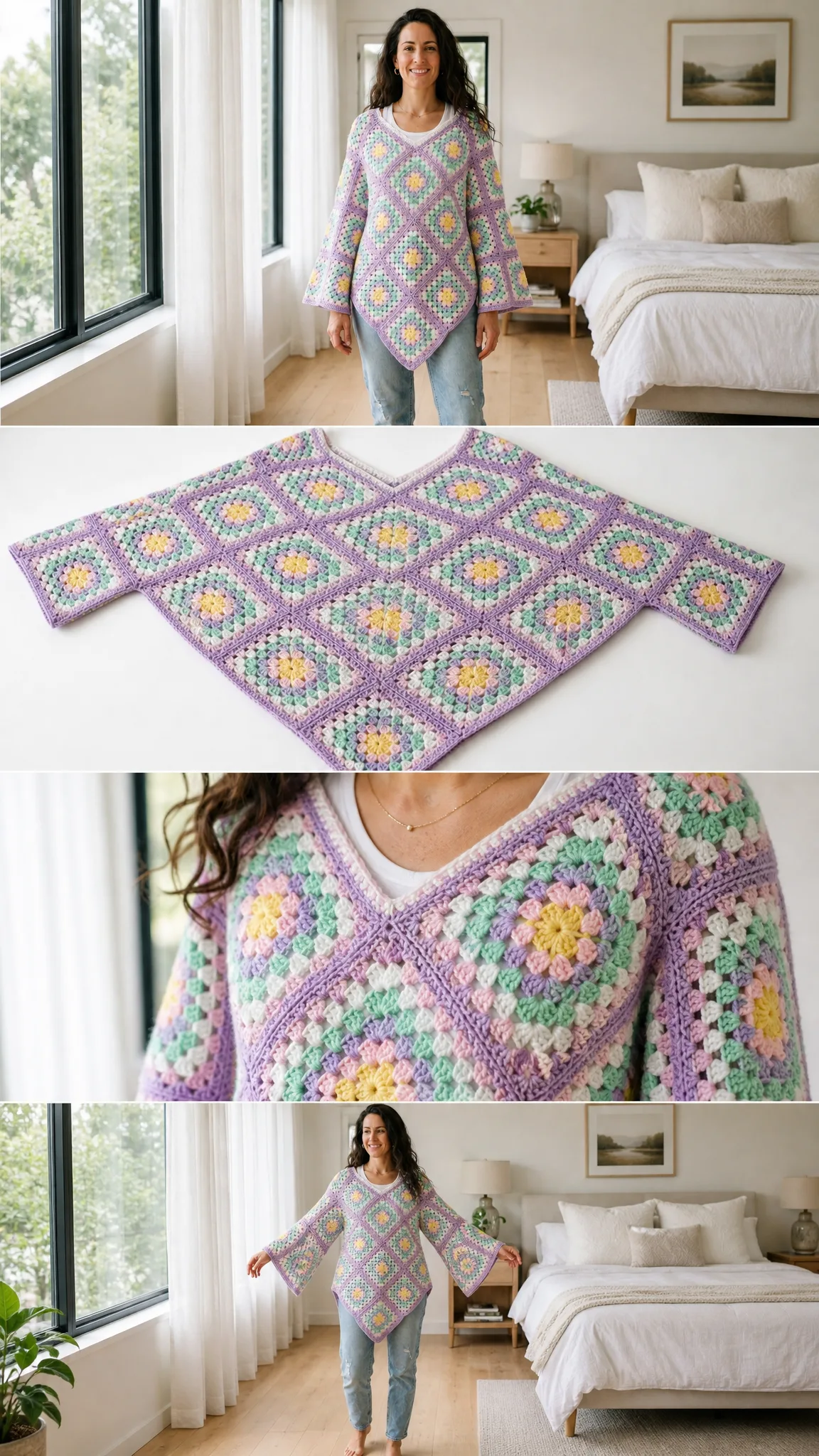 Rainbow Pastel Granny Square Poncho Free Crochet Pattern