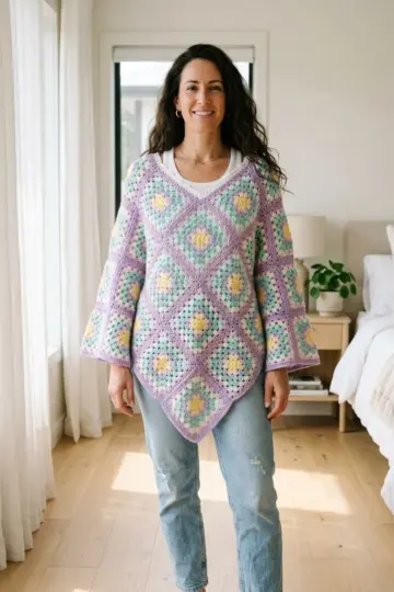 Rainbow Pastel Granny Square Poncho Free Crochet Pattern
