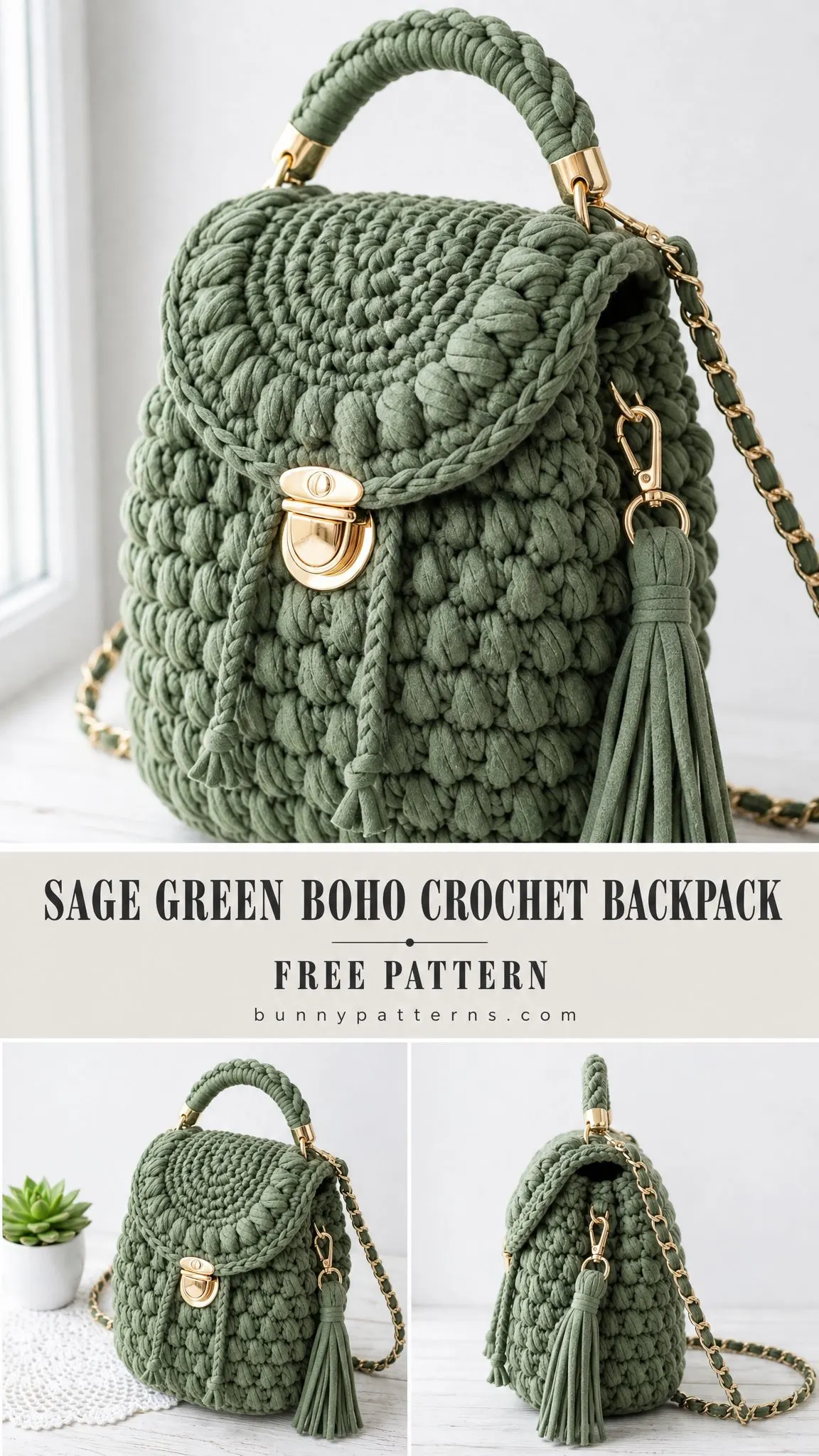 Sage Green Boho Crochet Backpack Free Pattern